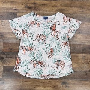 Democracy Womens Shirt Small White Tiger Print Short Sleeve Round Neck Top